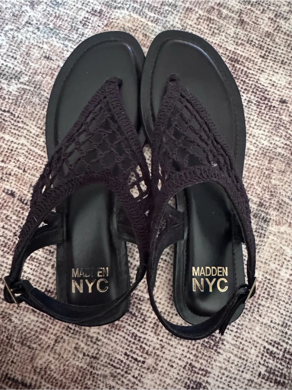 Madden NYC Black Crochet Thong Sandals with Adjustable Strap